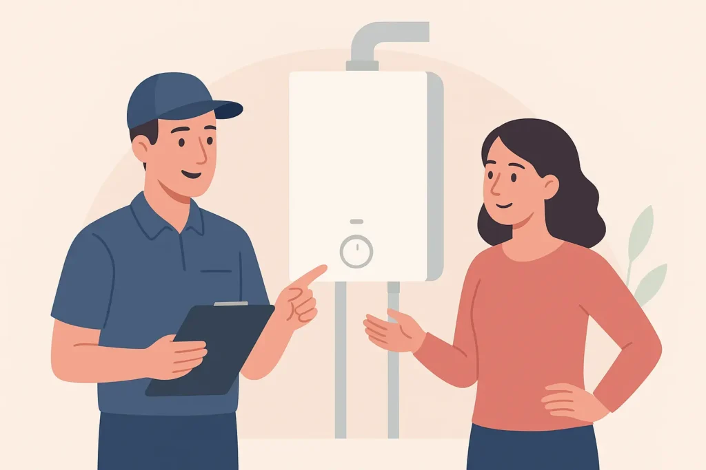 engineer and female customer talking next to a new boiler