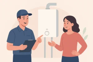 engineer and female customer talking next to a new boiler