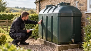 OFTEC engineer inspecting an outdoor domestic oil tank