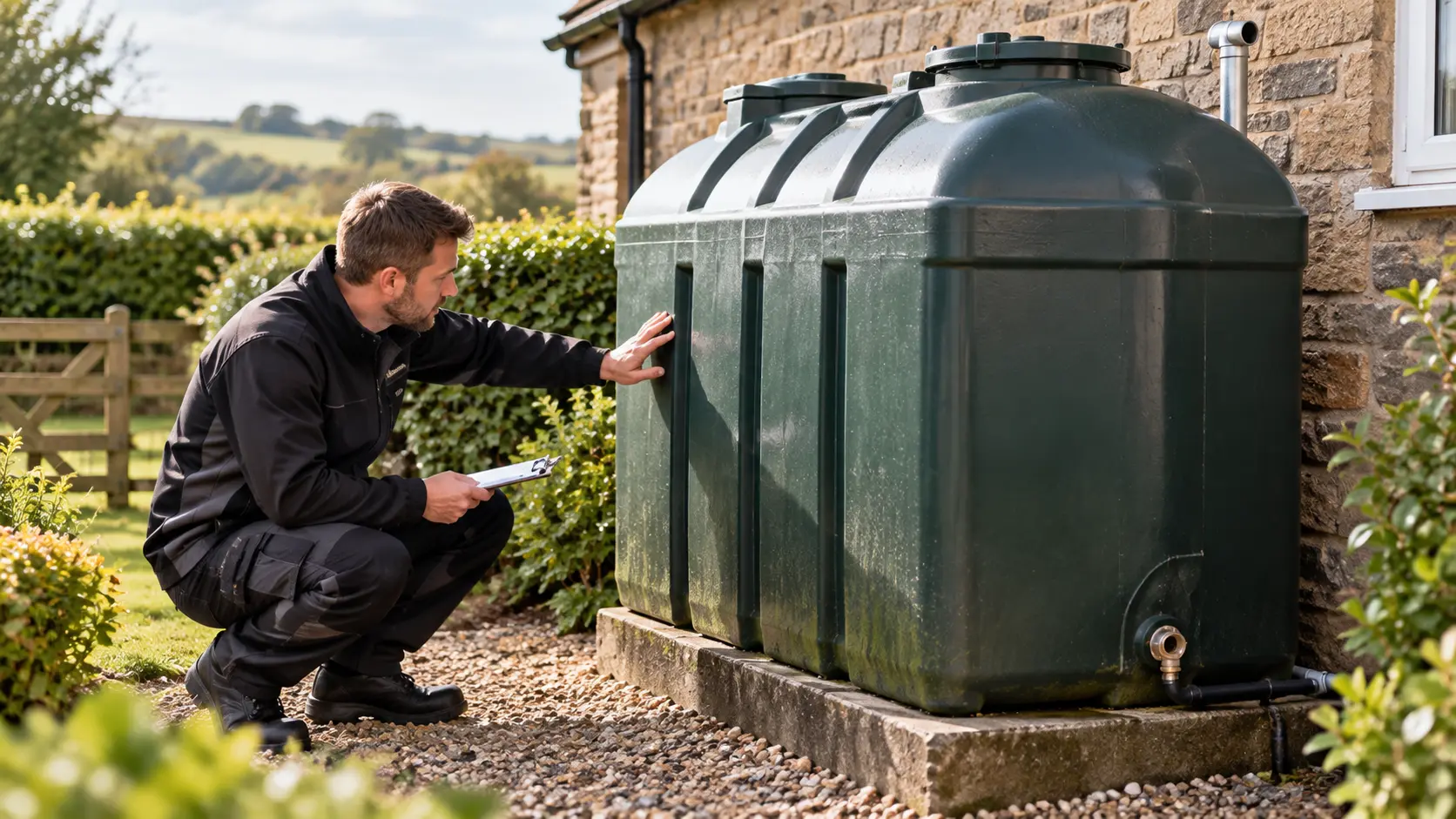 OFTEC engineer inspecting an outdoor domestic oil tank